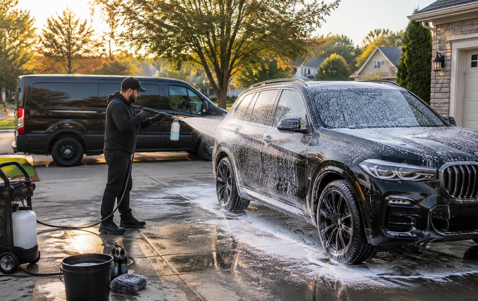 Mobile detailer foam-washing an SUV in a New Jersey driveway